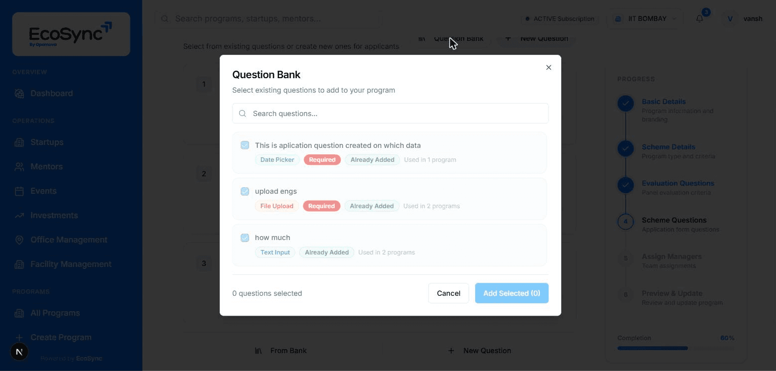 Reusable application question bank in EcoSync, with saved questions available to add to any program's form