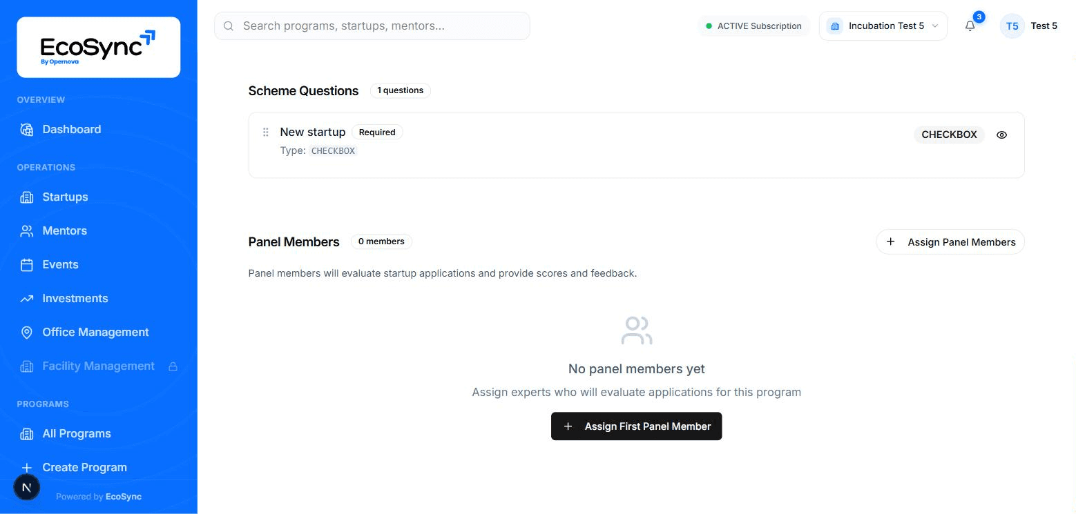Panel member list in EcoSync showing internal and external evaluators assigned to campus incubation programs