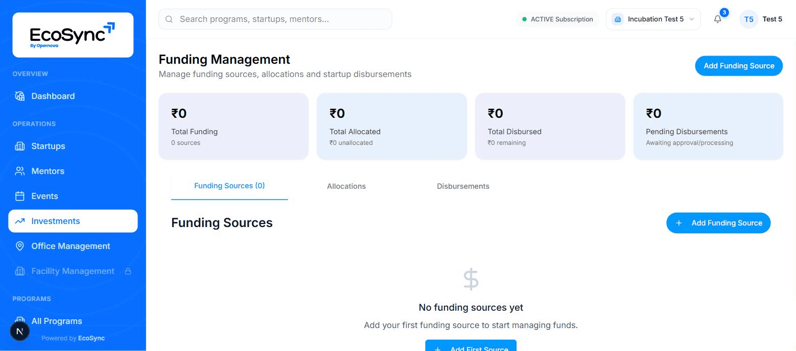EcoSync funding overview showing funding sources, amounts allocated to programs and disbursed to startups