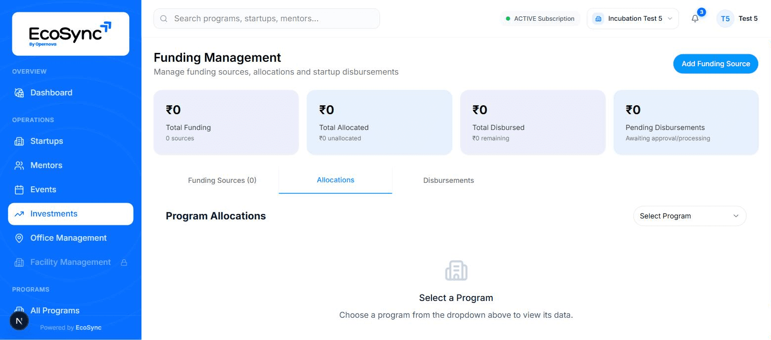 Funding allocations screen showing amounts assigned from a funding source to individual incubation programs with remaining balance