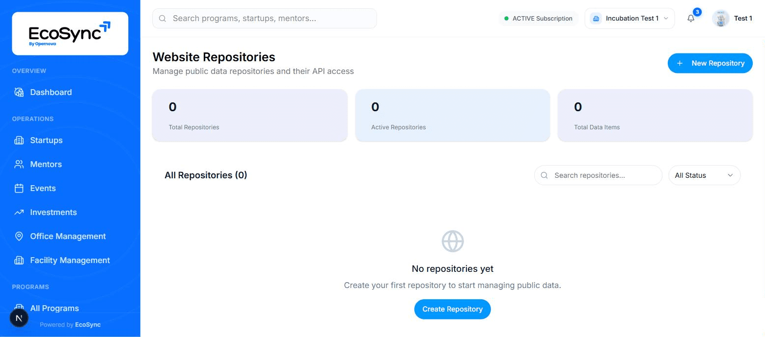 Public data repository configuration in EcoSync with issued API keys and access logging for published scheme data