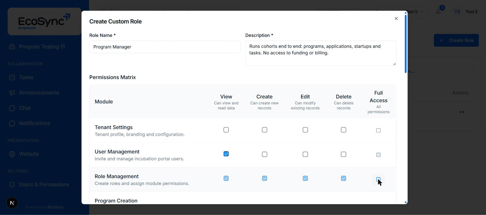 Role permissions matrix in EcoSync showing view, add, change and remove access across each area of the portal for a defined role