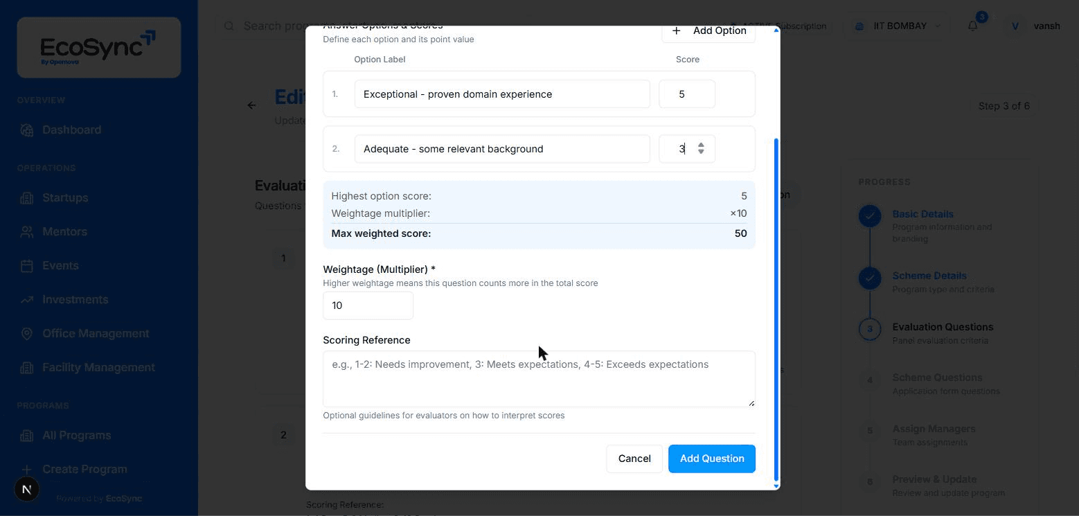 Evaluation question configuration in EcoSync showing scored options and the weight assigned to the criterion