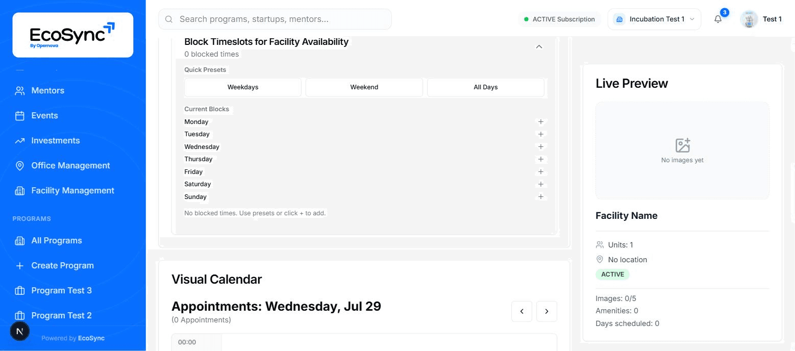 Facility time slot configuration in EcoSync setting bookable hours per day of the week for a lab