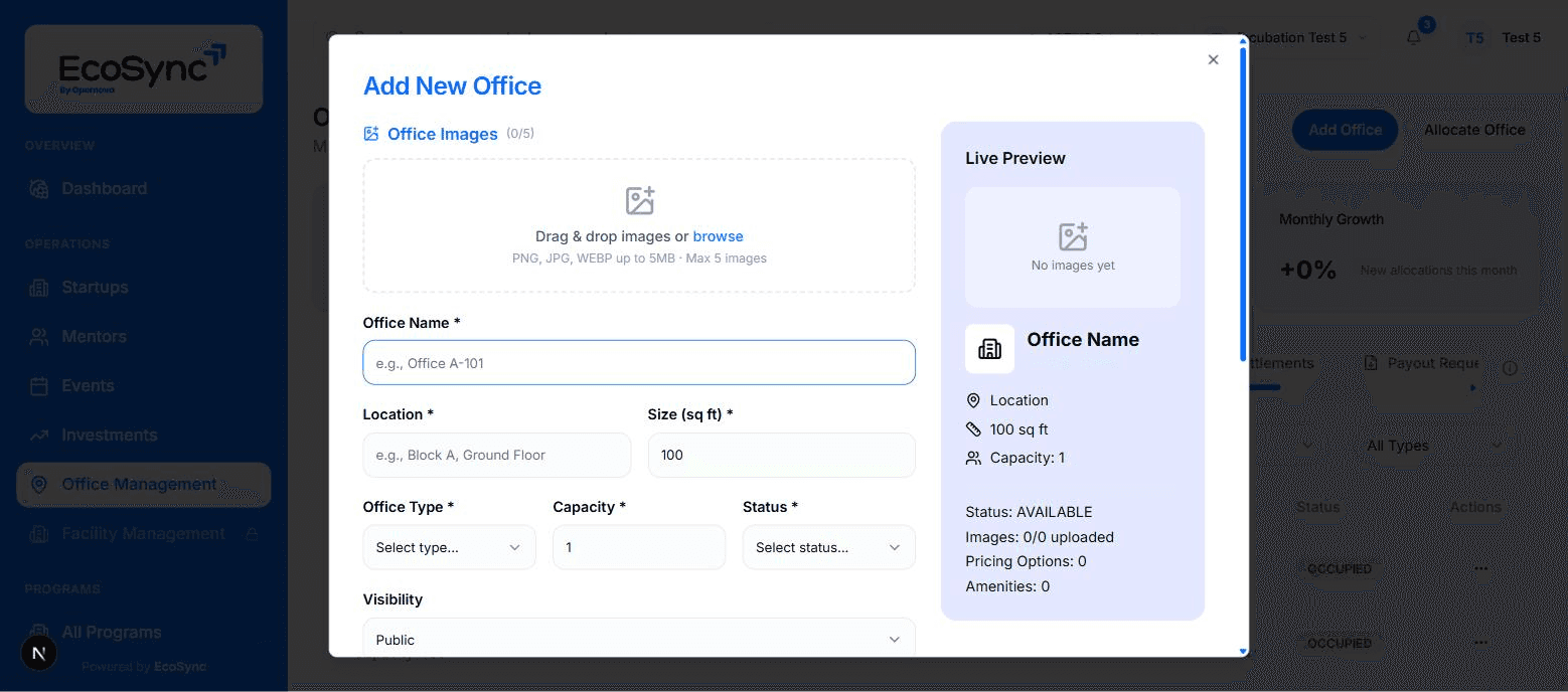 Adding an office space in EcoSync with its pricing tier, capacity and deposit terms