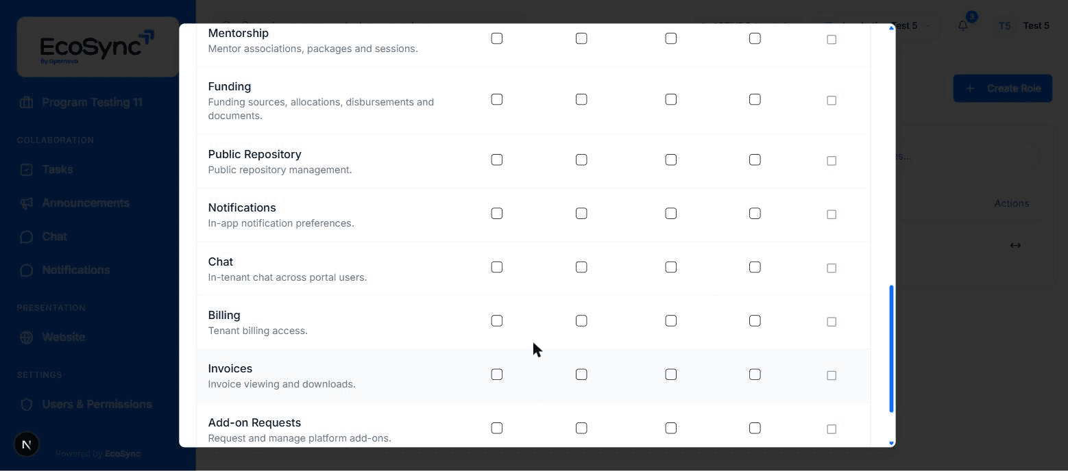 Permission matrix in EcoSync assigning view, add, change and remove rights to each role across every area of the portal